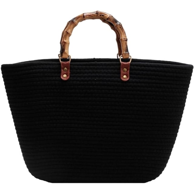 LHSHID Summer Beach Bag for Women Bamboo Handle Handbag Purse Soft Woven Tote Bag Handmade Beach Purse for Vacation