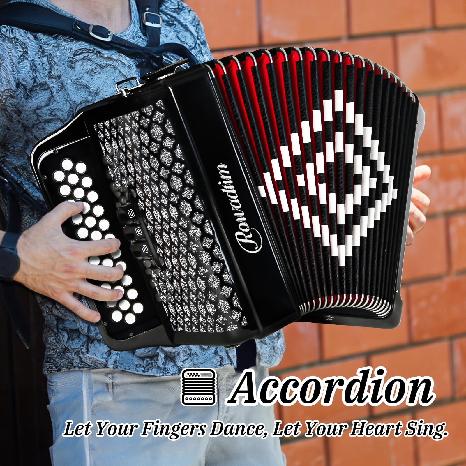 Rowadtim 34-Key Diatonic Accordion, 12 Bass Buttons, F/B/E Tuning, Push-Pull Heterophonic Design. Black Professional Beginner Accordion for Stage Performance, Practice, Ensemble Play & Music Training