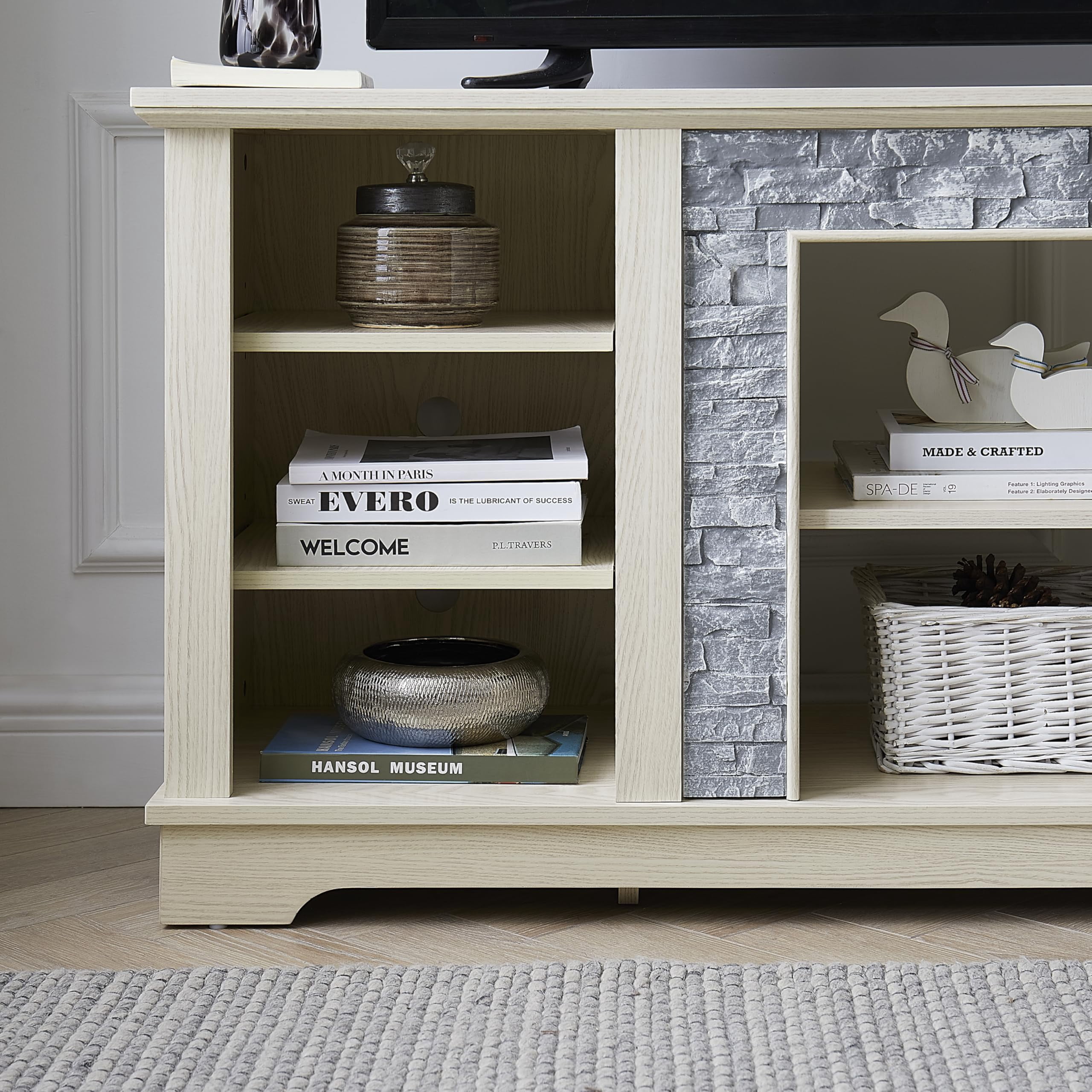 Eyisean 58" W Modern TV Stand with Large Storage Space, Entertainment Center with Faux Stacked Stone, Wood Media Console Table for TVs Up to 65", Rack for Living Room