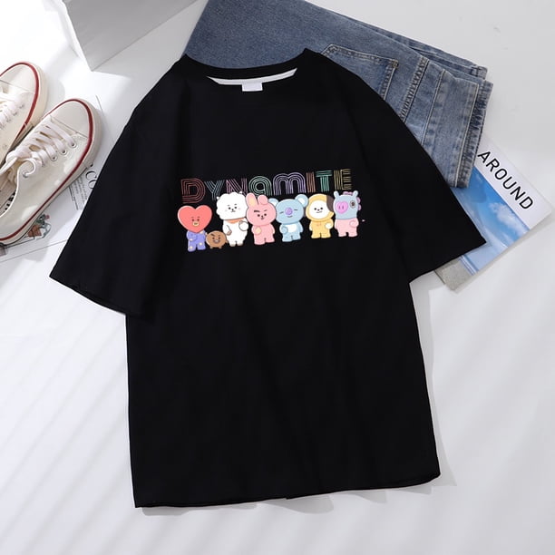 Korea Kpop BTS Cartoon Pattern Unisex Round Neck Short Sleeve Women's T-Shirtpangjing