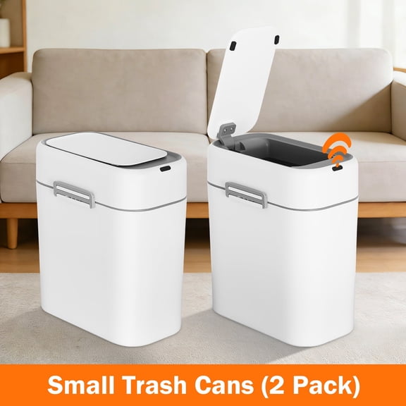 Automatic Trash Can with lid，2.2 Gallon Small Trash Can Smart Touchless  Garbage Can for Bathroom, Living Room, Office, Bedroom, White(2 Pack)