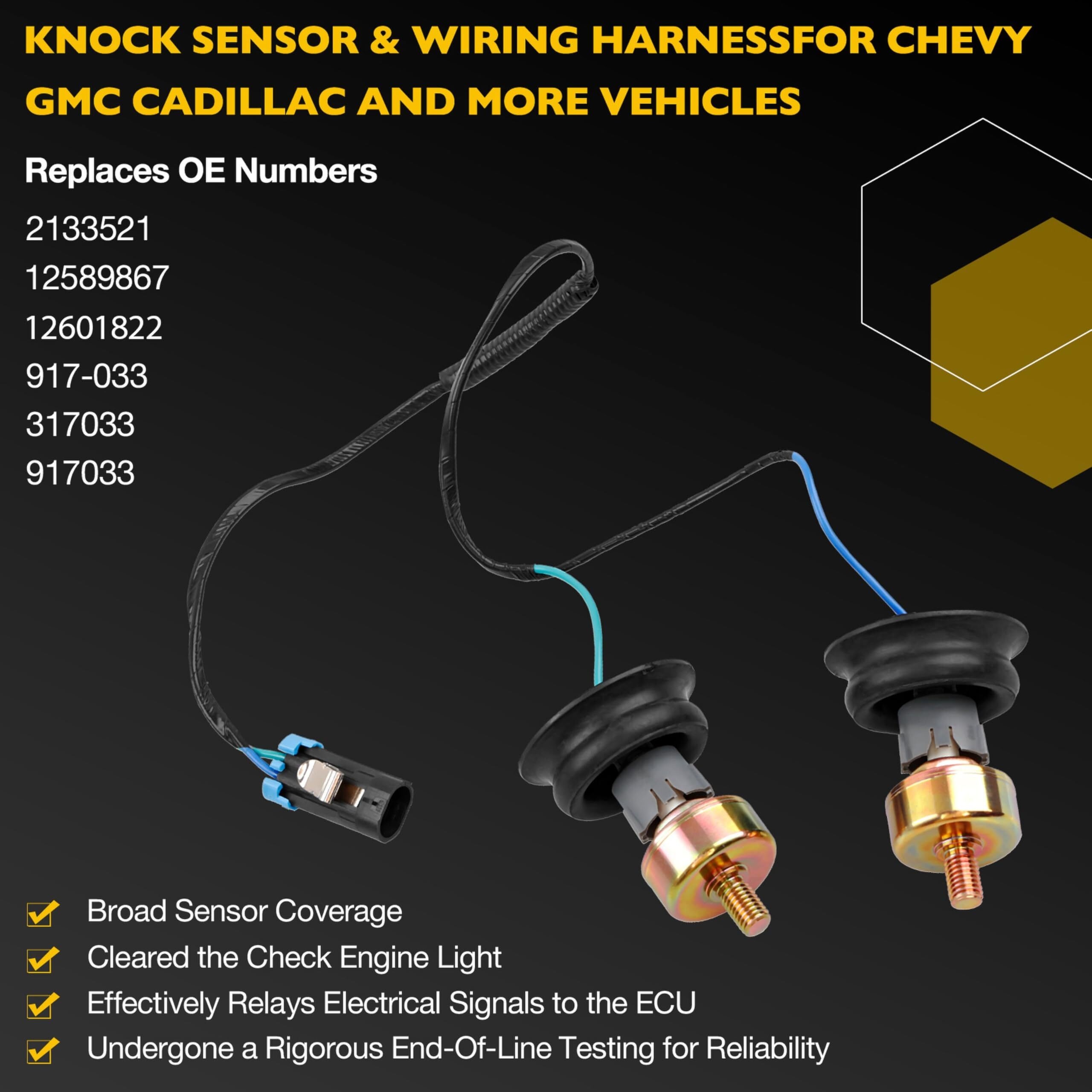 Dual Knock Sensors with Wiring Harness and Intake Manifold Gasket Kit | for Chevy Silverado Avalanche Tahoe, GMC Sierra Yukon, Cadillac Hummer & More GM Vehicles | Replace# 12601822,213-3521,89060413