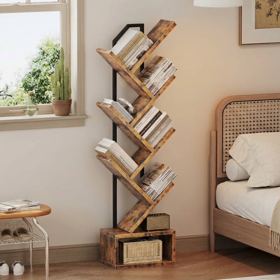TrumanPick 7 Tier Tree Bookshelf with Storage Drawer, Rustic Industrial Bookcase with Metal Frame, Floor Standing Tall Storage Shelf for Bedroom Living Room Home Office, Rustic Brown