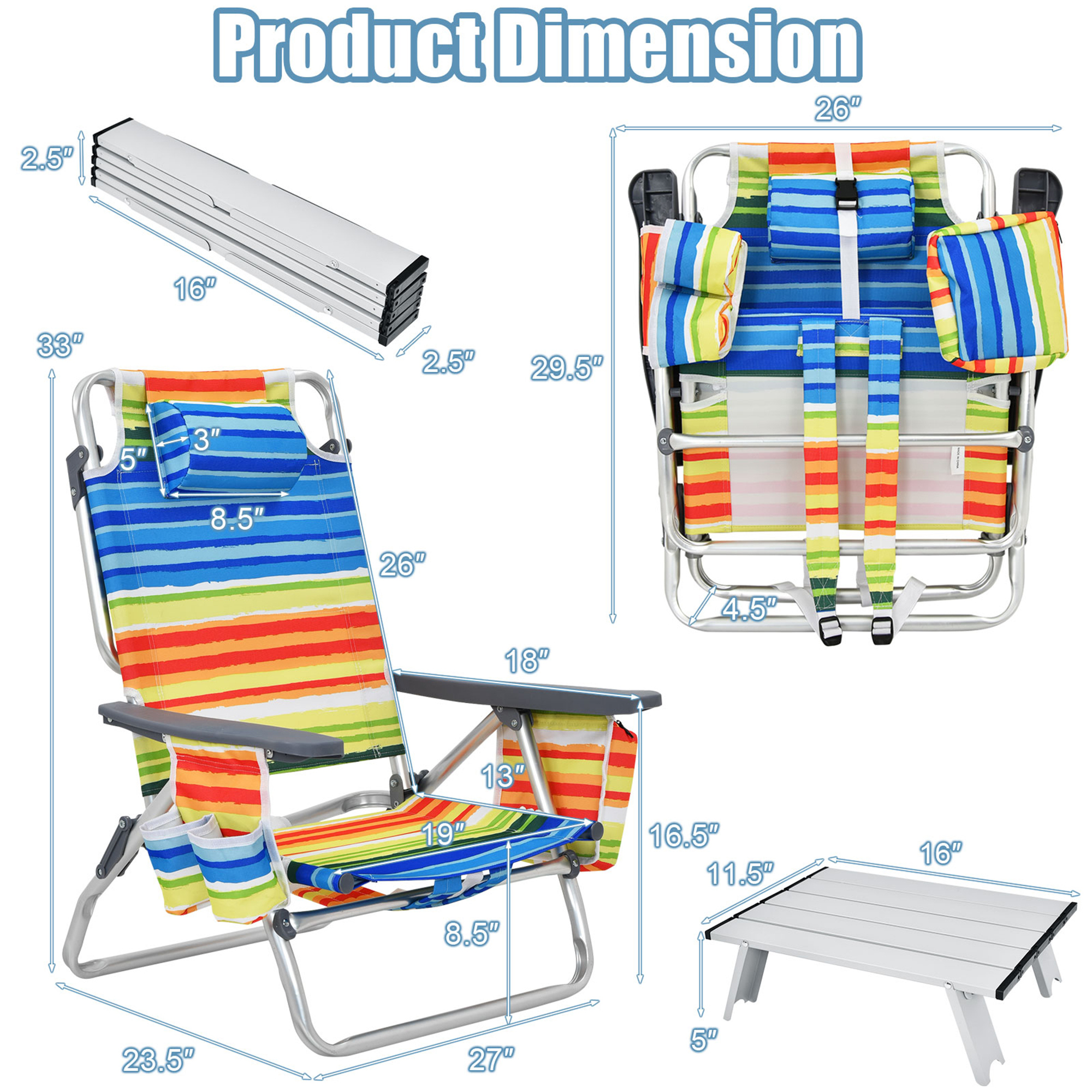 Gymax 3PCS Folding Beach Chair and Table Set Outdoor Adjustable Reclining Chair - image 2 of 10
