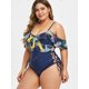 thumbnail image 3 of Más el tamaño de la impresión del cordón palma hacia arriba con volantes de una sola pieza del traje de baño Rosegal Camisetas tallas grandes, 3 of 5