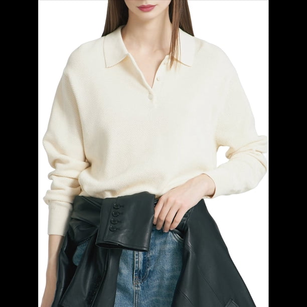 Camisa de Larga para Mujer, Informal, Holgada, con Cuello en V, para Trabajo Formal, Ropa de Otoño. Crema L