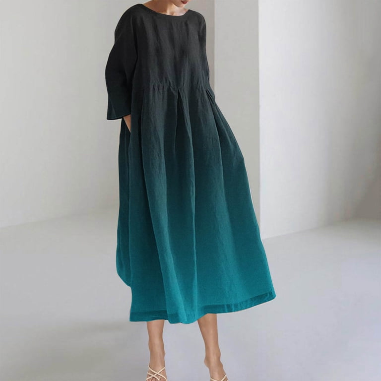 QQAMB Dresses for Women Gradient Color Crewneck Long Sleeve Midi Dress  Trendy Flowy Casual Loose Vacation Dresses with Pockets Mint Green XL -  Walmart.com