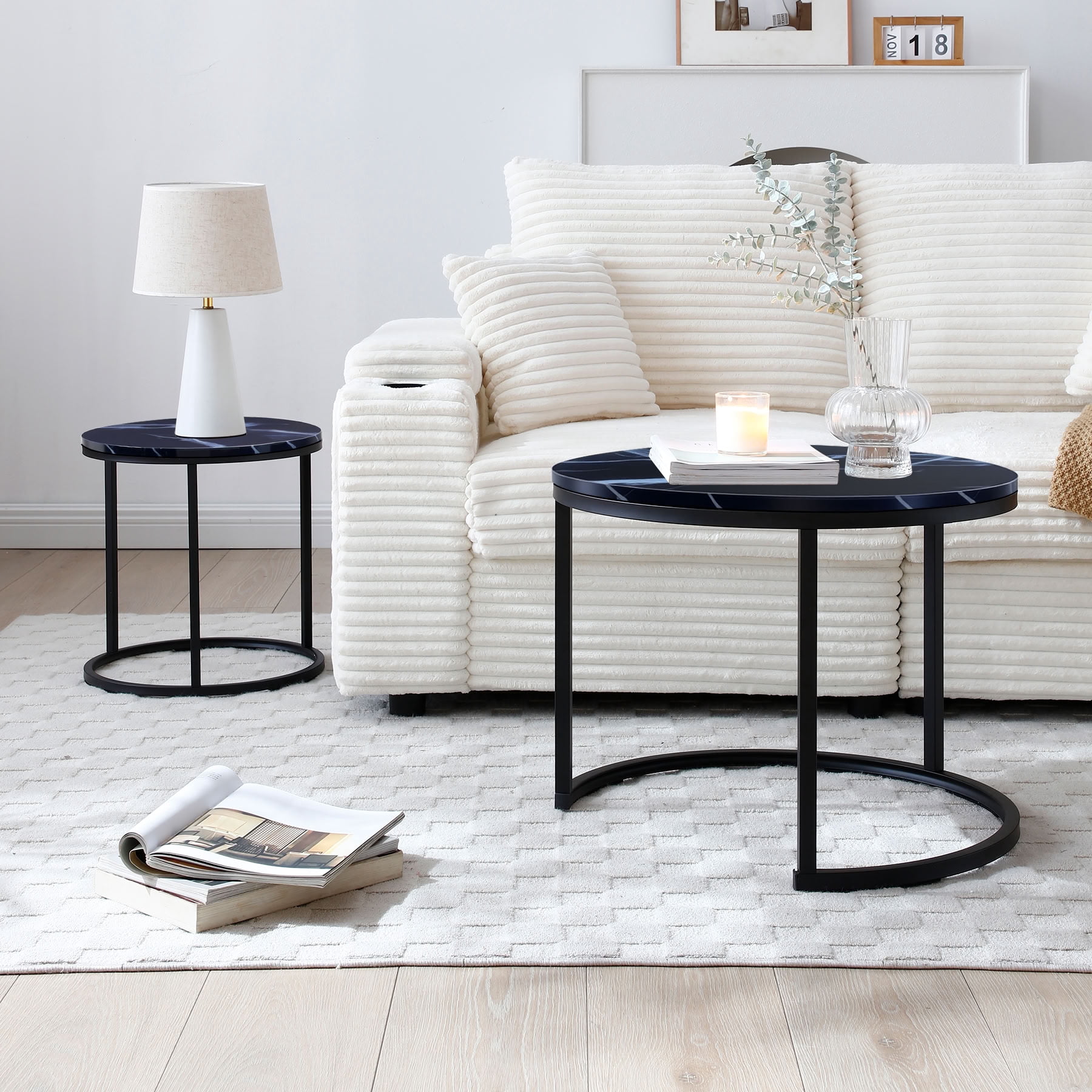 MAYEERTY Nesting Coffee Table Set of 2, Round Center Table with Metal Frame, Space Saving Accent Side Table for Living Room Bedroom Small Apartment