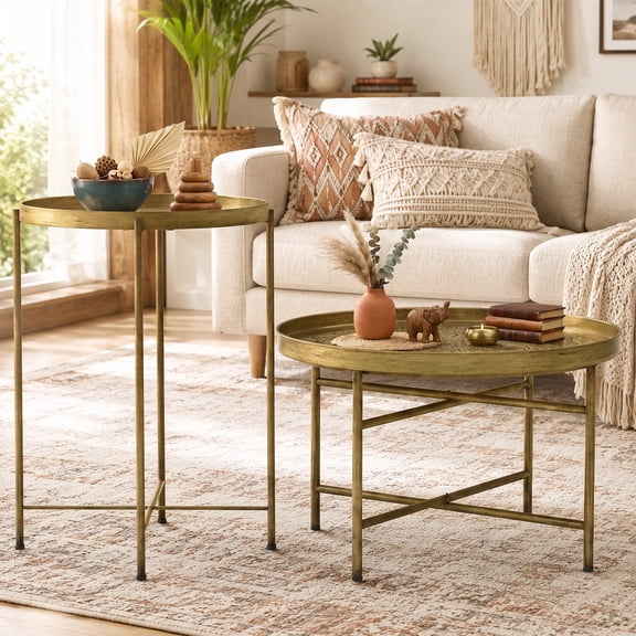 HOMCOM Round Coffee Table Set with Hammered Tray Top, Vintage Metal Center Table Set for Living Room, Bedroom, Side Table Set, Gold