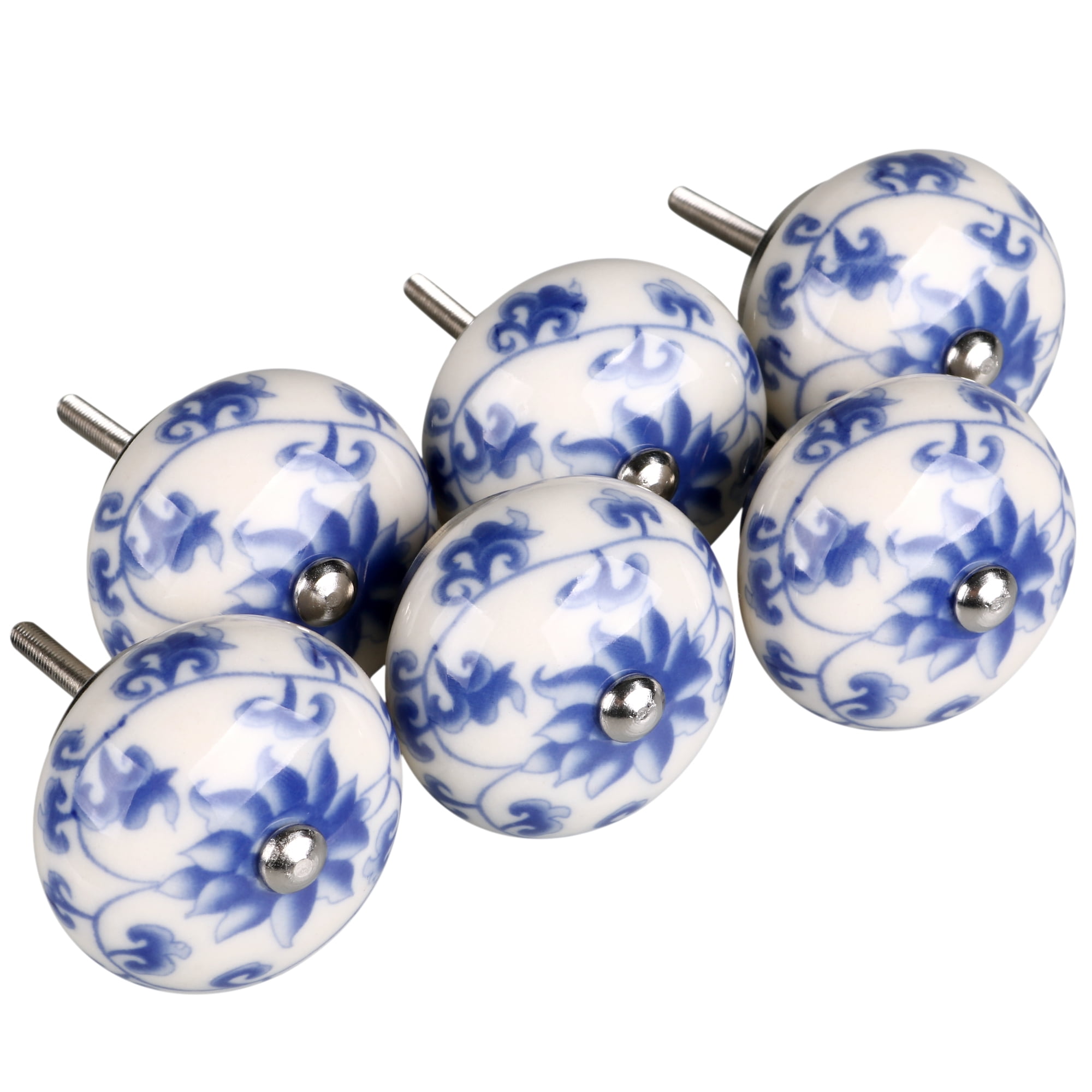 6 Pcs Knobs Hand Painted Ceramic Cabinet Drawer Door Pull Knobs Blue 