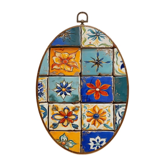 Canvas Wall Art Mexican Ceramic Seamless Talavera Handcrafted Mexican Ceramic Tile Oval Framed Canvas Prints Vintage Wall Hanging Decor for Home Office Decorations 8.6"x11.4"