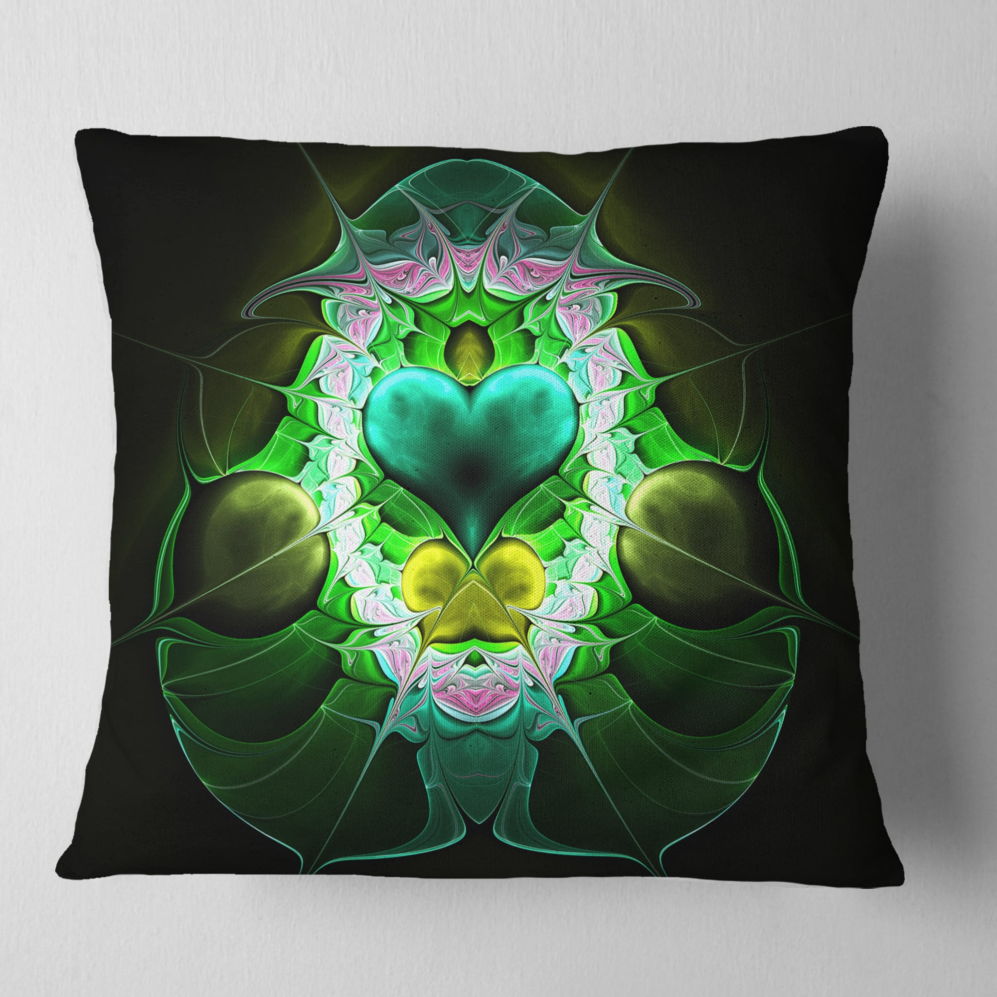 Designart Large Symmetrical Fractal Heart Green - Abstract Throw Pillow - 16x16