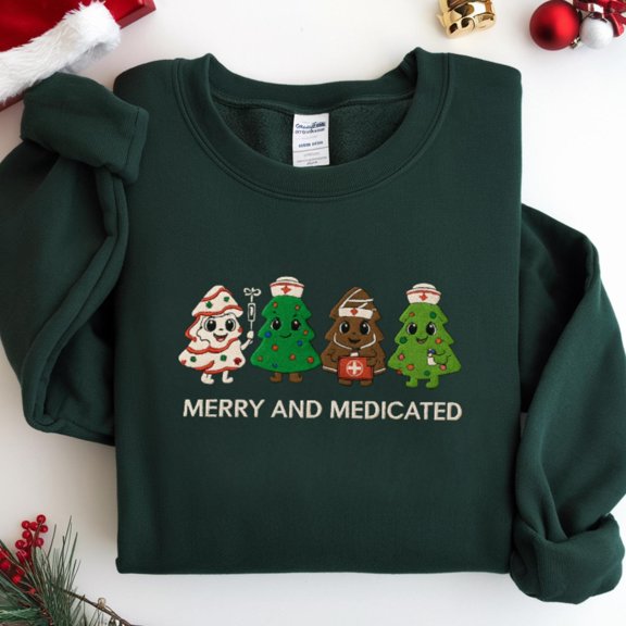 Nurse Christmas Cake Tree Embroidered Sweatshirt, Merry And Medicated Christmas Nurse Crewneck, ER Nurse Crewneck Sweater, RN Nurse Gift