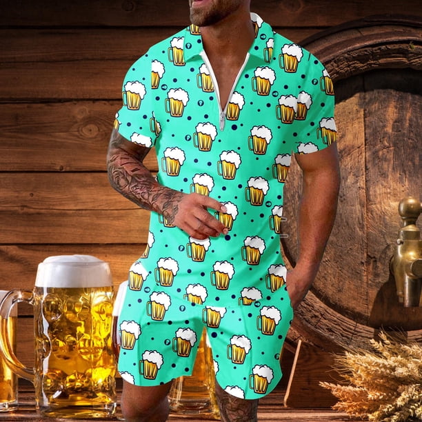 WILLBEST Traje Informal Corto para Hombre Oktoberfest de Verano A La Moda, con Solapa y Manga Corta, Transpirable, Cómodo y con Estampado de Taza.