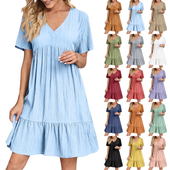 Summer Solid Dresses for Women 2026 Short Sleeve v Neck Mini T Shirt Dress - Midi Dress Flowy Pleated Beach Sundress - Summer Trendy Vacation Beach Dress Black L