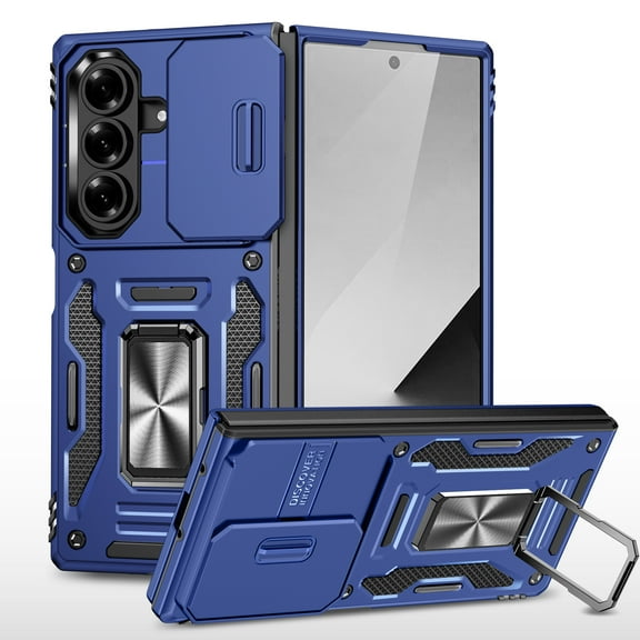 For Samsung Galaxy Z Fold 7 Case with Lens Protection,Ring Holder Cover with Camera Cover & Kickstand Military Grade Shockproof Heavy Duty Support Magnetic Car Mount Holder Phone Case, Navyblue
