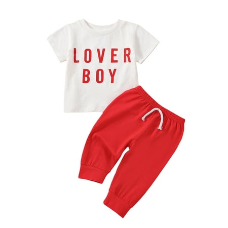 

Toddler Infant Baby Boy Valentine s Day Outfits Short Sleeve Shirts Letter Sweatshirt Red Pants 2Pcs Clothes Set