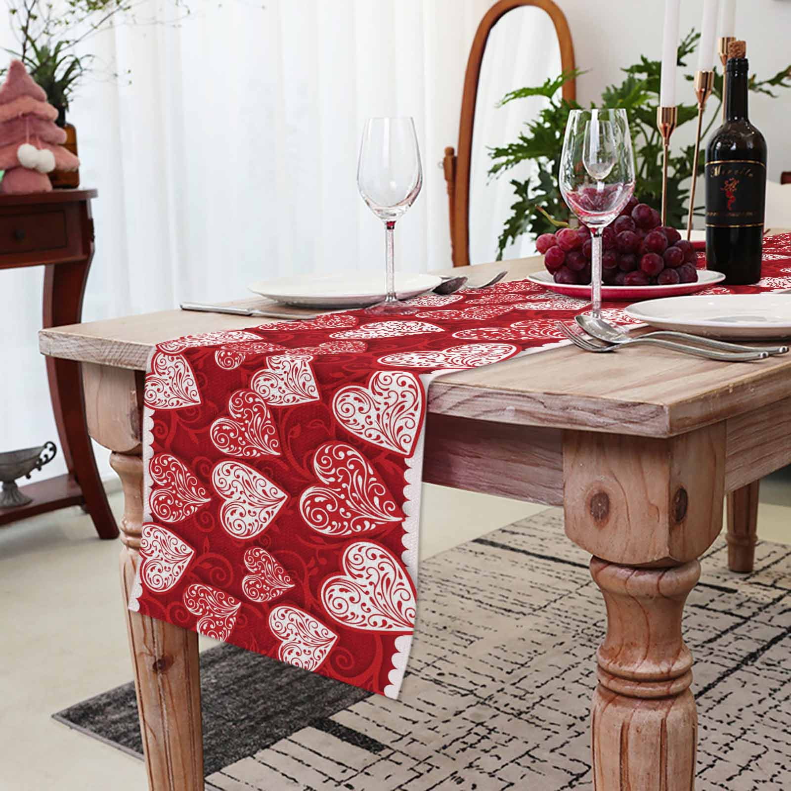 Valentine's Day Table Runner, Abstract Romantic Red White Floral Love Heart Red Washable Cotton-linen Table Runners Dining Kitchen Decoration for Everyday Home Wedding Party Decor, 13 x 120 Inch