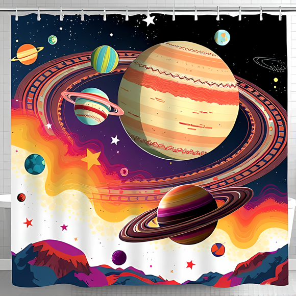 Whimsical Shower Curtain - Retro Planets & Nebulae Design in Vibrant Colors for a Cheerful Bathroom