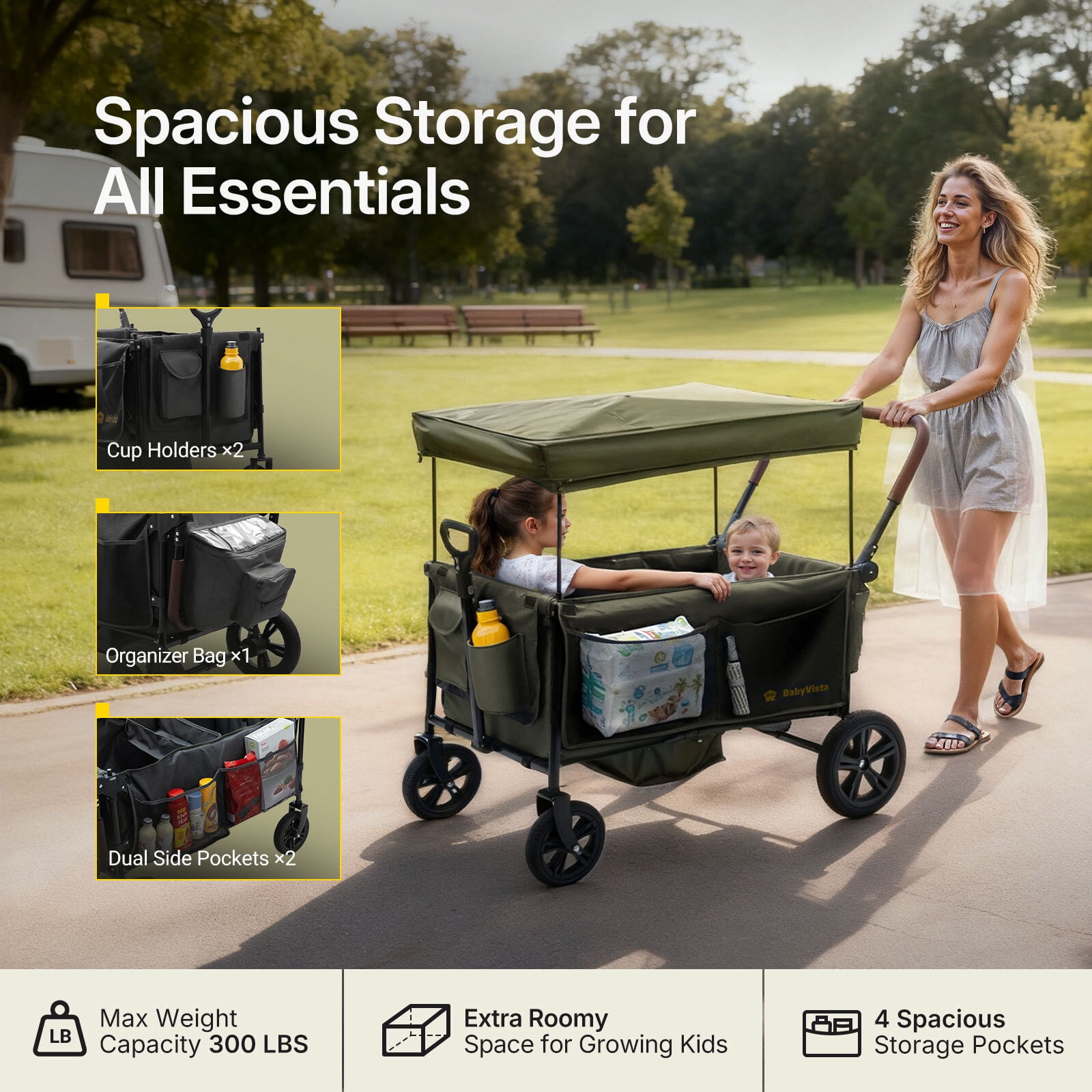 BabyVista Wagon Stroller All-Terrain for 2 Kids with Canopy, Parents Organizer, Adjustable Handlebar, Compact Foldable Baby Stroller Collapsible Toddler Stroller
