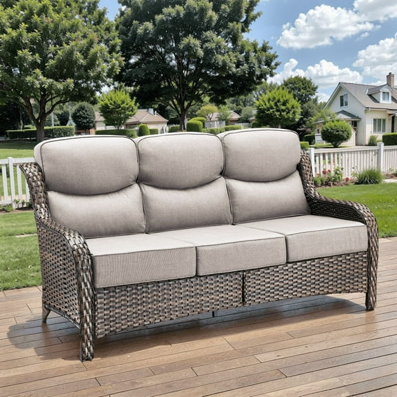 PARKWELL 73" Outdoor Patio High Back Sofa,All-Weather Rattan Oversized 3-Seater Couch with Luxury 6-Inch Thick Cushions,Ideal for Porch Deck Backyard,Brown/Beige