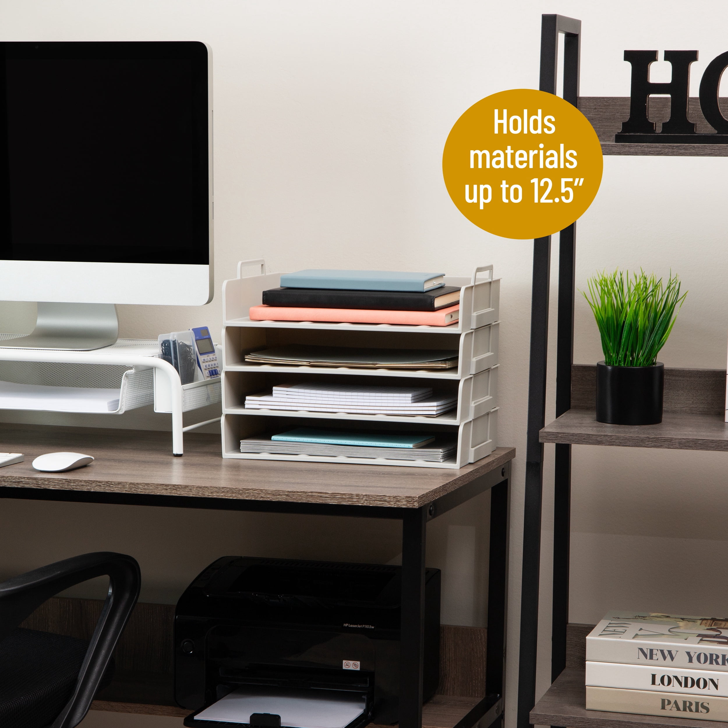 Mind Reader Stackable Paper Tray, Desktop Organizer, File Storage, Office, Plastic, 13.75"L x 10"W x 10.75"H, 4 Pcs., Beige