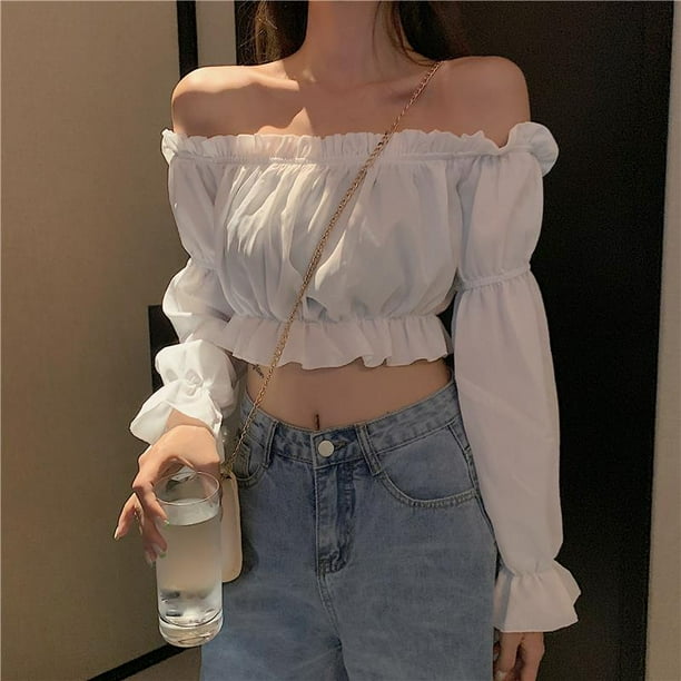 Top de mujer Blusa sexy con hombros descubiertos Camiseta de manga larga para fiesta en el club Camisa blanca con mangas abullonadas Top corto con
