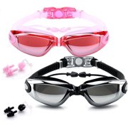 BEEWAY Swimming Goggles, Swim Goggles attached Ear Plugs for Adult Men Women And Kids 8+ - No Leaking, Anti Fog, UV Protection - Free Storage Case, Nose Clip and Earplugs-Pack2(Black+Pink)