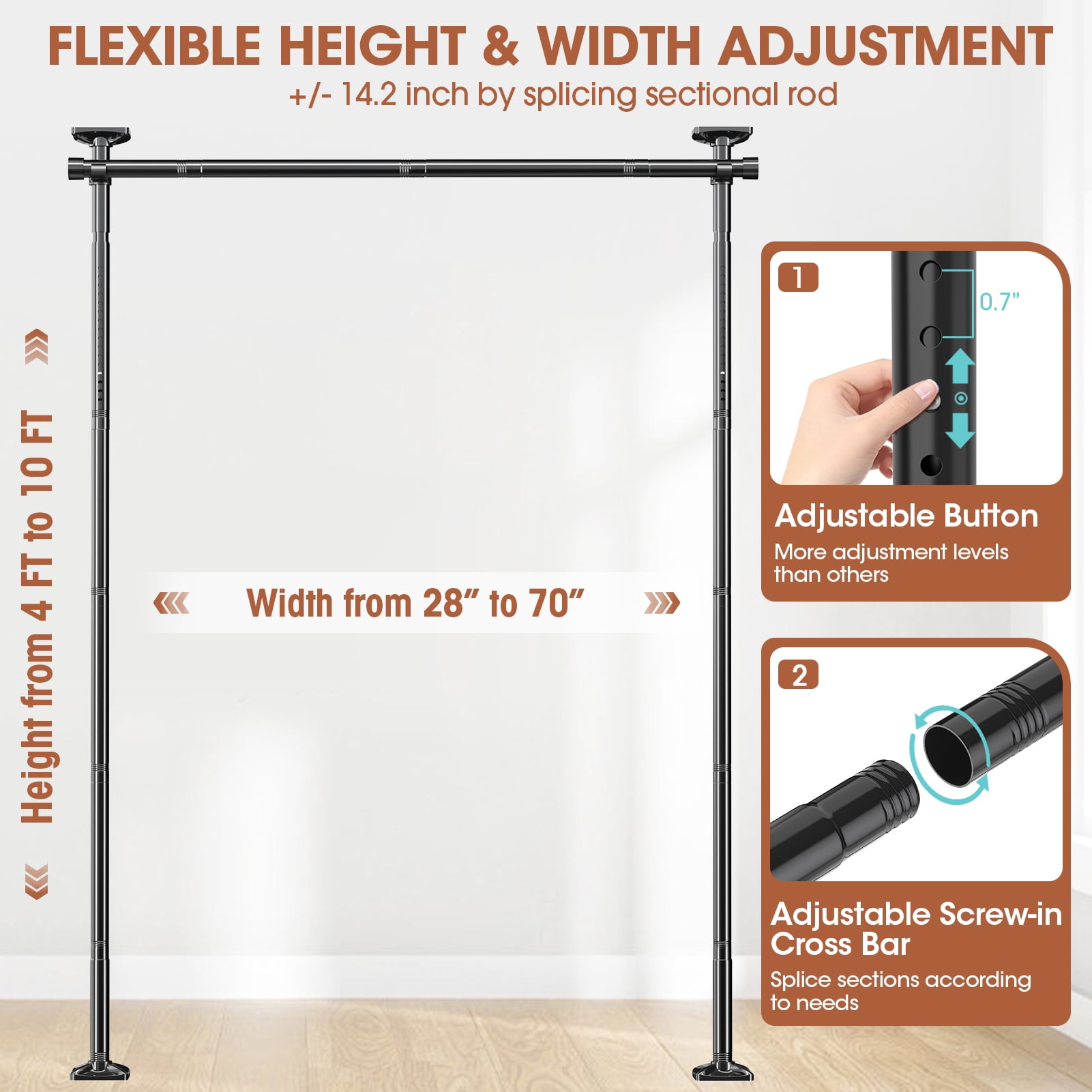 SUNALLY Room Dividers Curtain Rod No Drilling, 4-10ft(H) 28-70inch(W) Adjustable Room Separator for Space Partition, Heavy Duty Floor to Ceiling Tension Rod, Black