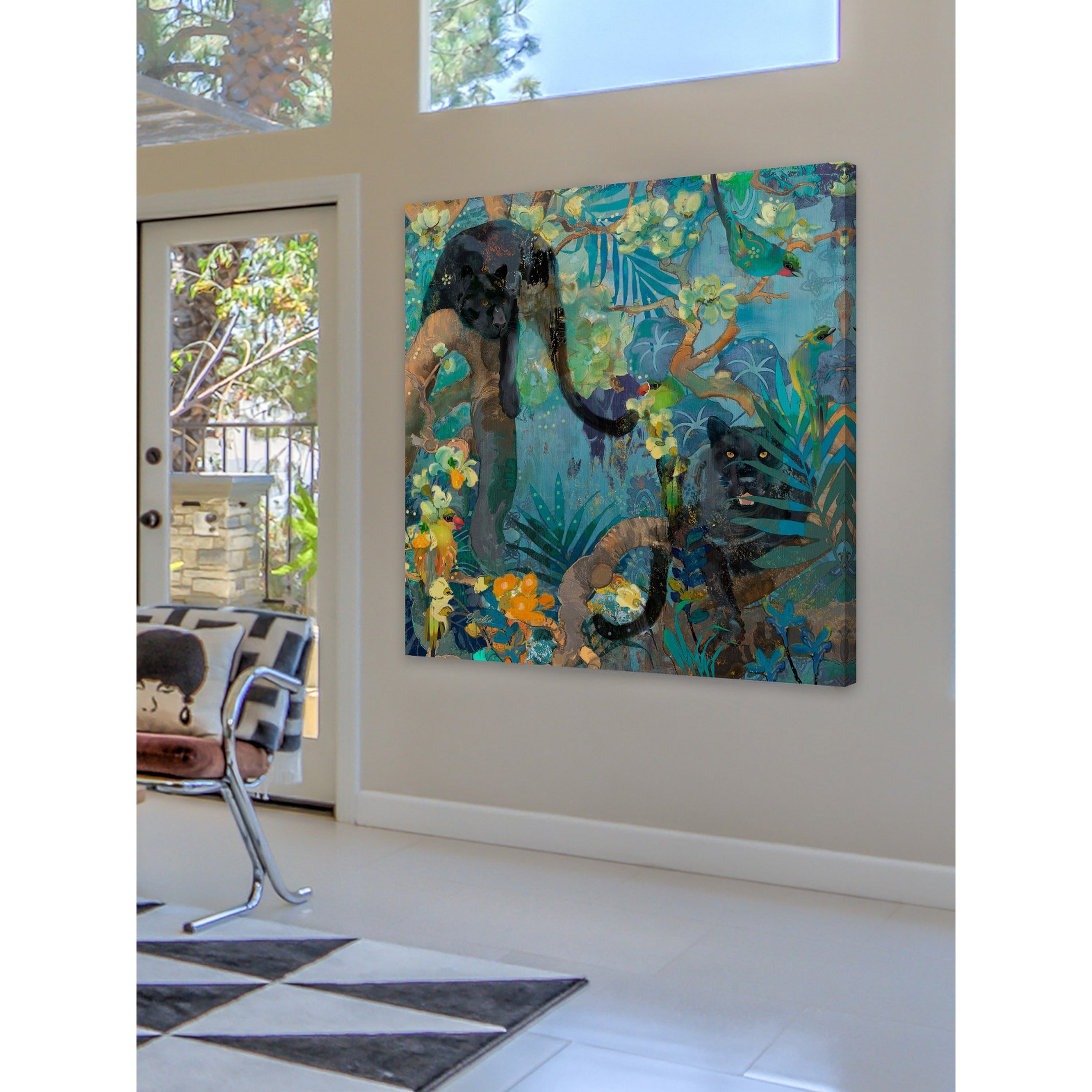"Jaguar and Green Parrots" Painting Print on Wrapped Canvas