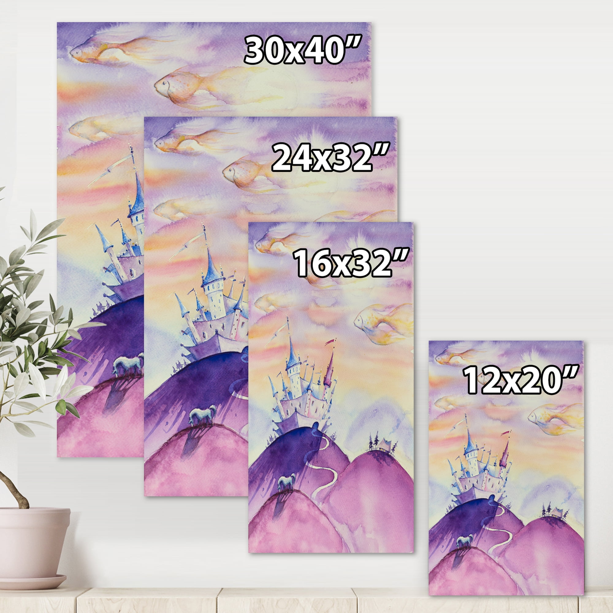 Fairy Tale Kingdom Palace On Purple Mountain Top 16 in x 32 in Painting Canvas Art Print, by Designart