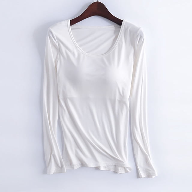 Leodye Femmes Modal Coton avec Bonnets Rembourrés sous-Vêtements Manches Longues Col Rond Haut Mince Tenue d'Intérieur Pyjama Beige 8(L)