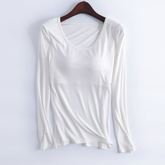 Weiqiqre Women's Long Sleeve T-Shirt Scoop Neck Rayon Slim Fit Stretchy Layer with Chest Pads Pajama T Shirts Tops