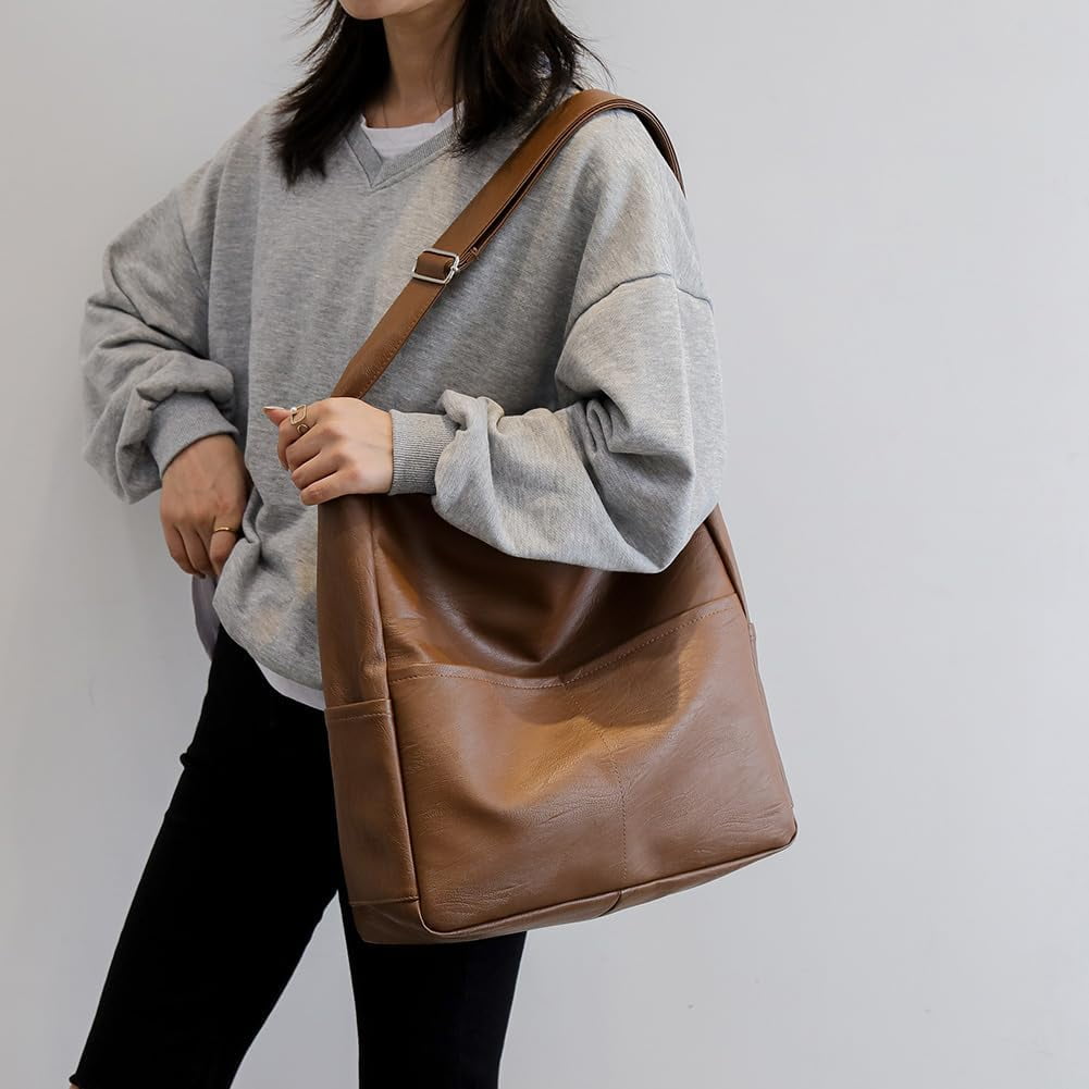 Kukuzhu Faux Leather Tote Bag with Pockets Women Shoulder Bag College Tote Bag Hobo Crossbody Bag for Work Travel