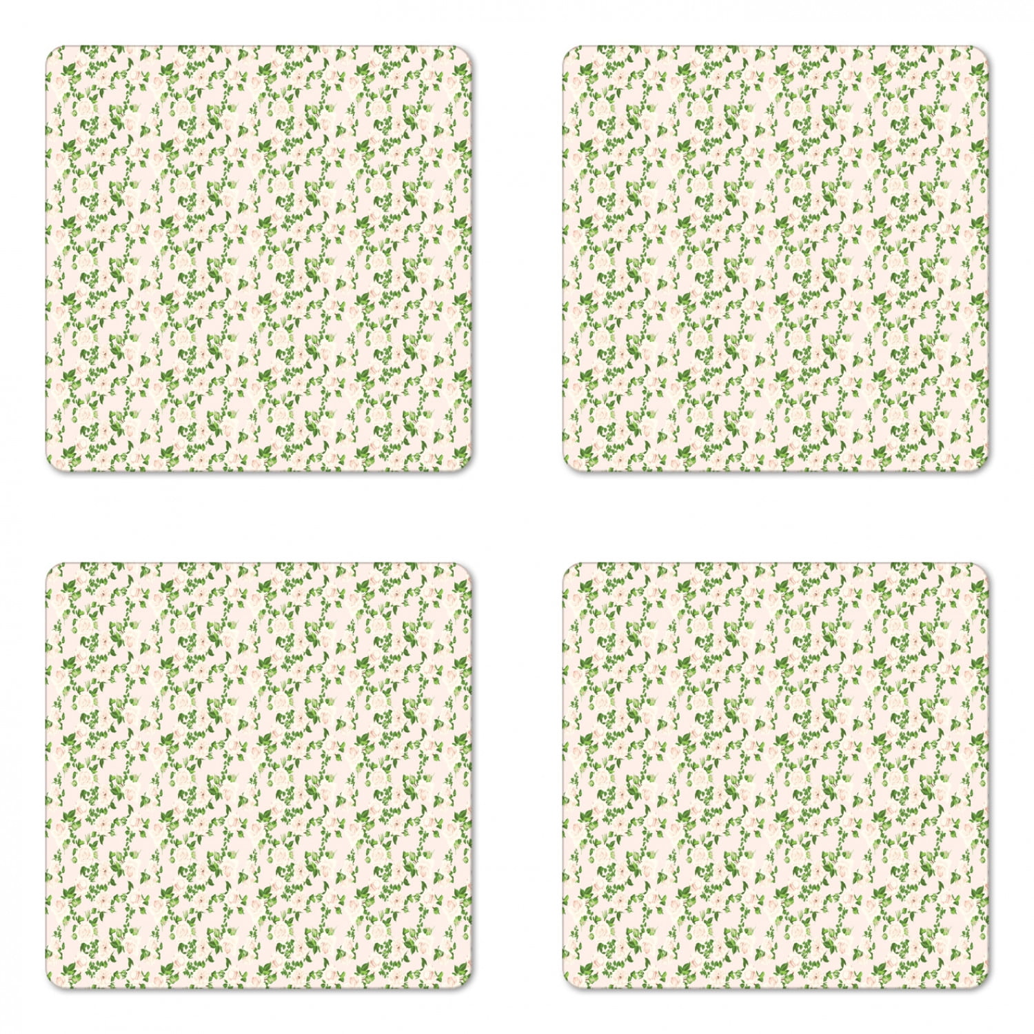 Seamless Overflowing Flowers In White Green Yellow Set of 4 Coasters 