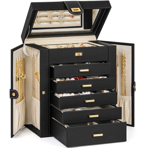 AKOZLIN 6-Tier Jewelry Box Organizer Functional 5 Drawers Leather Jewelry Storage Case for Women Girls Ring Necklace Earring Brac