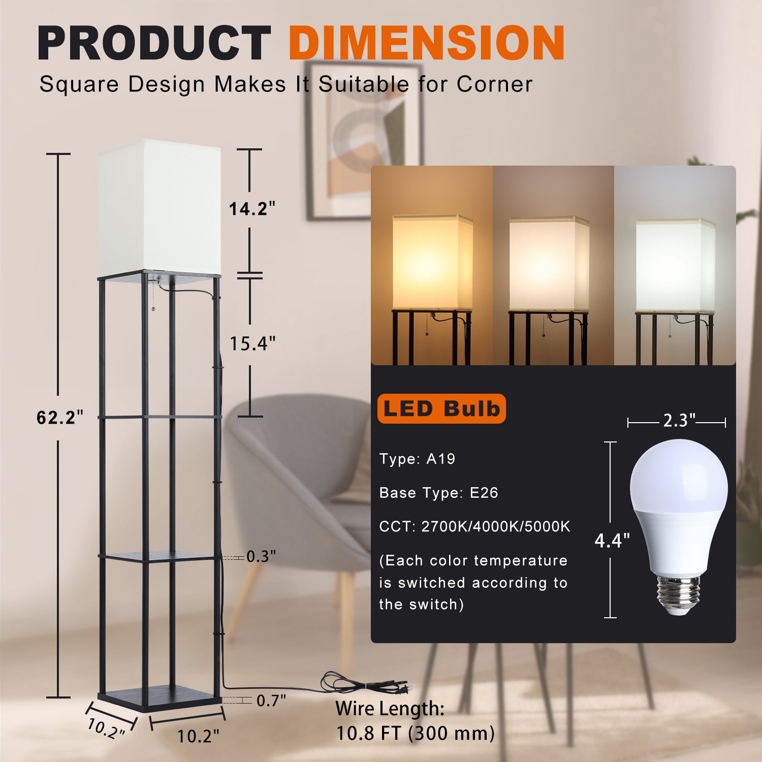 Vesteel Floor Lamp with 3-Tier Shelves, Standing Lamp with 3 Color Adjustable LED Bulb & Linen Lampshade, Modern Square Lamp for Living Room Bedroom Office Kid Room