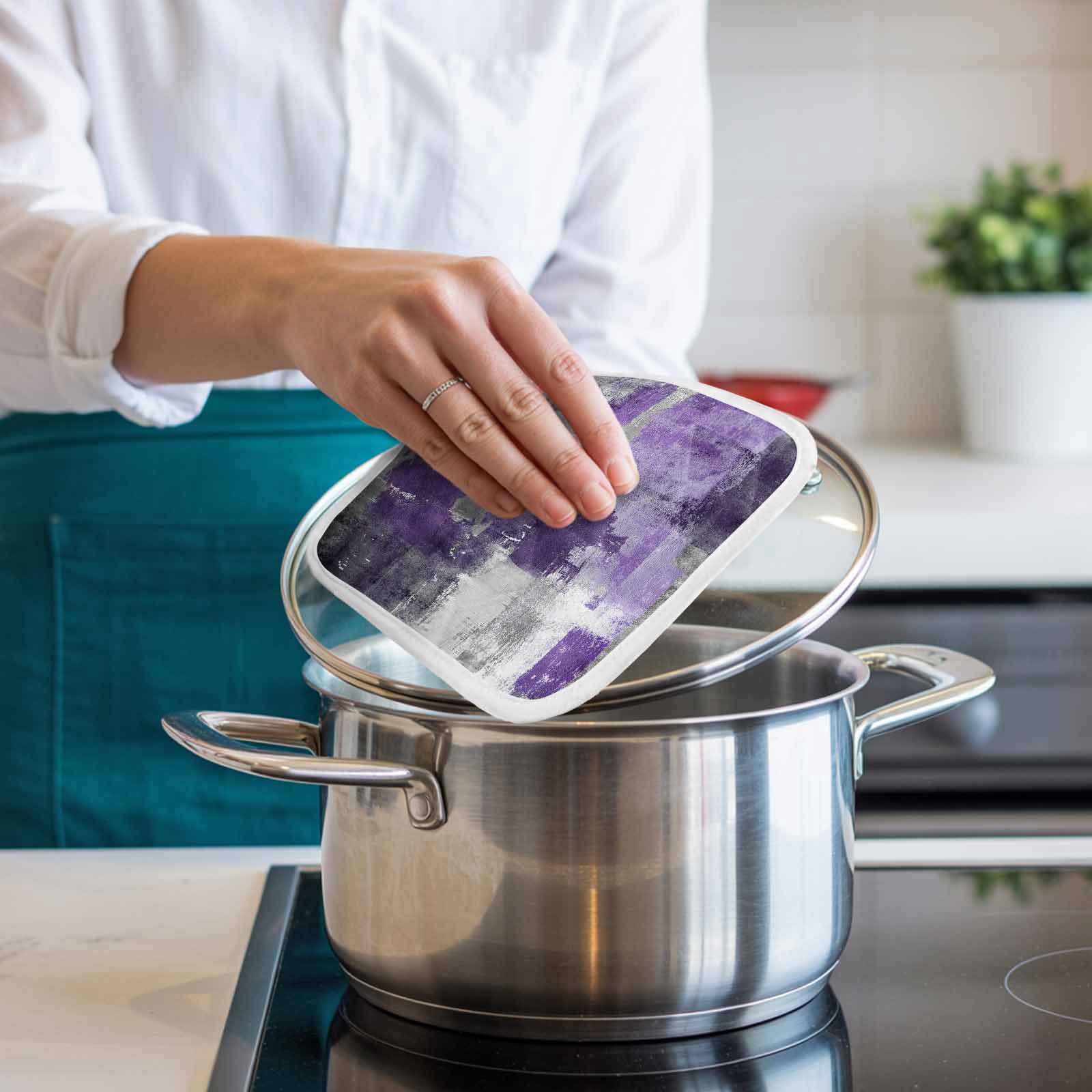 Purple Grey Pot Holders for Kitchen Heatproof Potholder, 3 Pack Modern Oil Painted Abstract Art Aesthetics Hot Pads Multipurpose Oven Pads Cloth Potholders Trivet for Cooking Baking