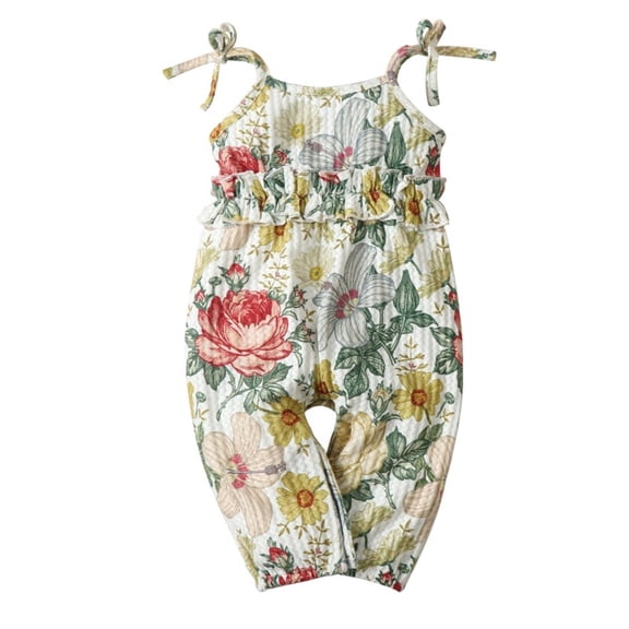 Vedolay Jumpsuits For Girl Girl's Notch V Neck Drawstring Waist Short Sleeve Lettuce Trim Waffle Knit Romper Shorts,A 6-9 Months