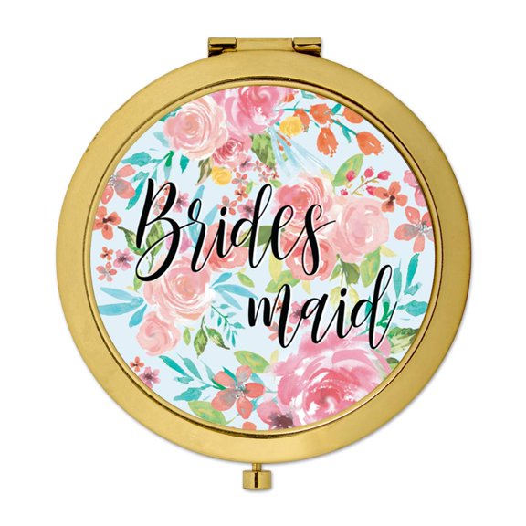 Koyal Wholesale Compact Mirror Bridesmaid Wedding Gift, Gold, Tea Party Pink Floral Flowers, 1-Pack