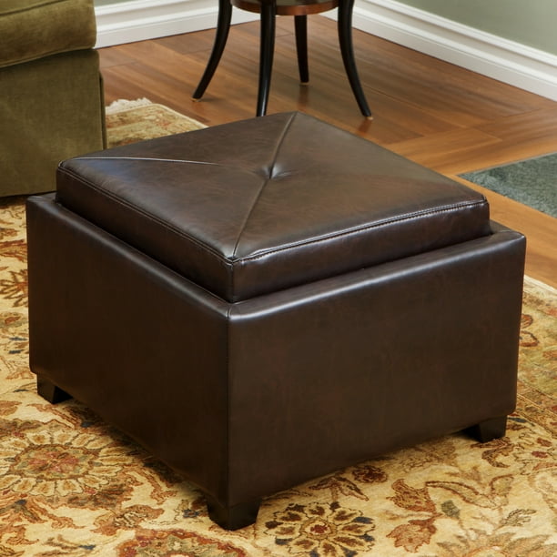 Noble House Abigail Brown Leather Tray, Brown Leather Storage Ottoman With Tray