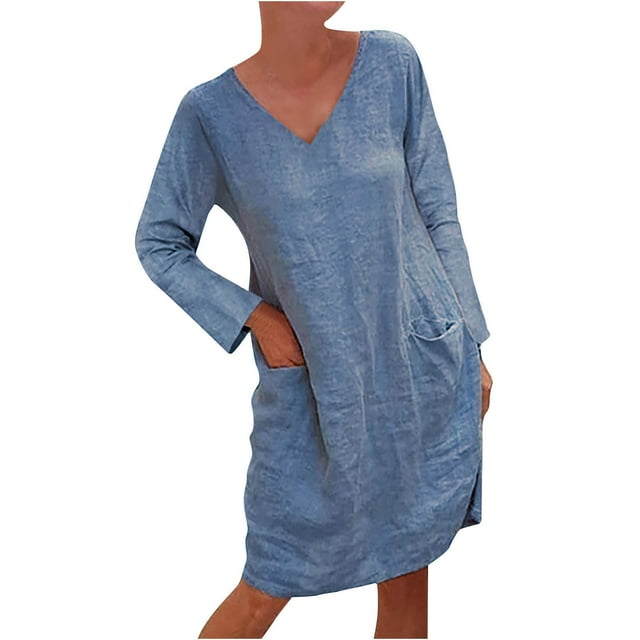 Robes pour Femmes 2022 Col en V Imprimé Floral Manches Longues Poche Décontractée Ample Chandail Midi Robe de Plage