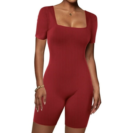 

Sanviglor Women Jumpsuits Solid Color Romper Short Sleeve Playsuit Casual Bodysuit Beach Shorts Wine Red S