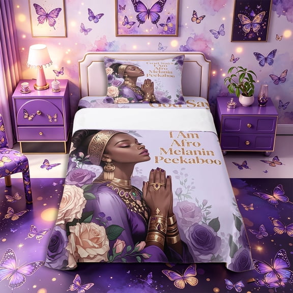 Castle Fairy Elegant Afro Woman Twin Sheets 3pcs,Purple Rose Gold Jewelry Bedding,Purple Gold,1 Fitted Sheet, 1 Flat Sheet and 1 Pillowcase