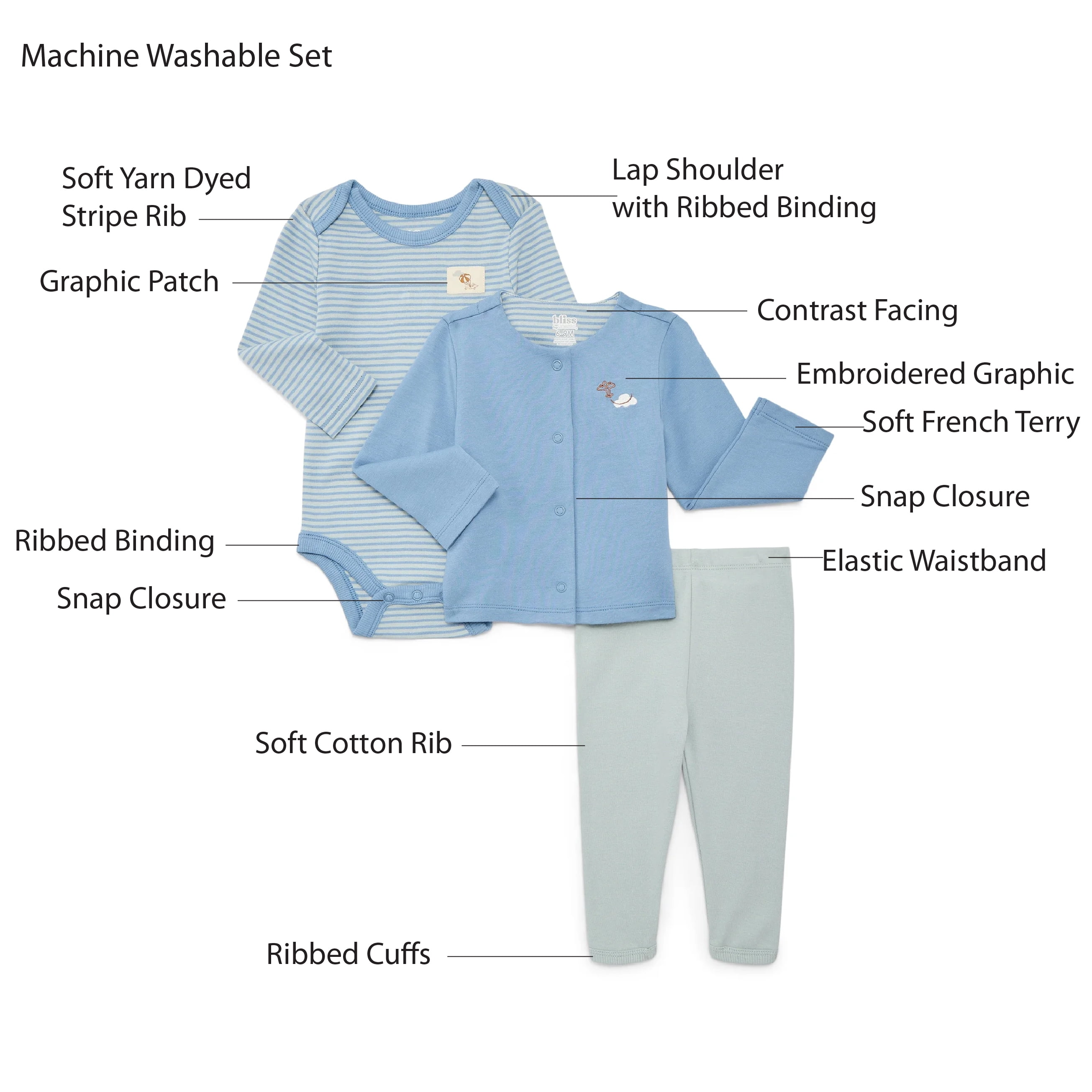 Bliss by Garanimals Baby Girls Jacket, Bodysuit and Leggings Set, 3-Piece, Sizes 0M-12M