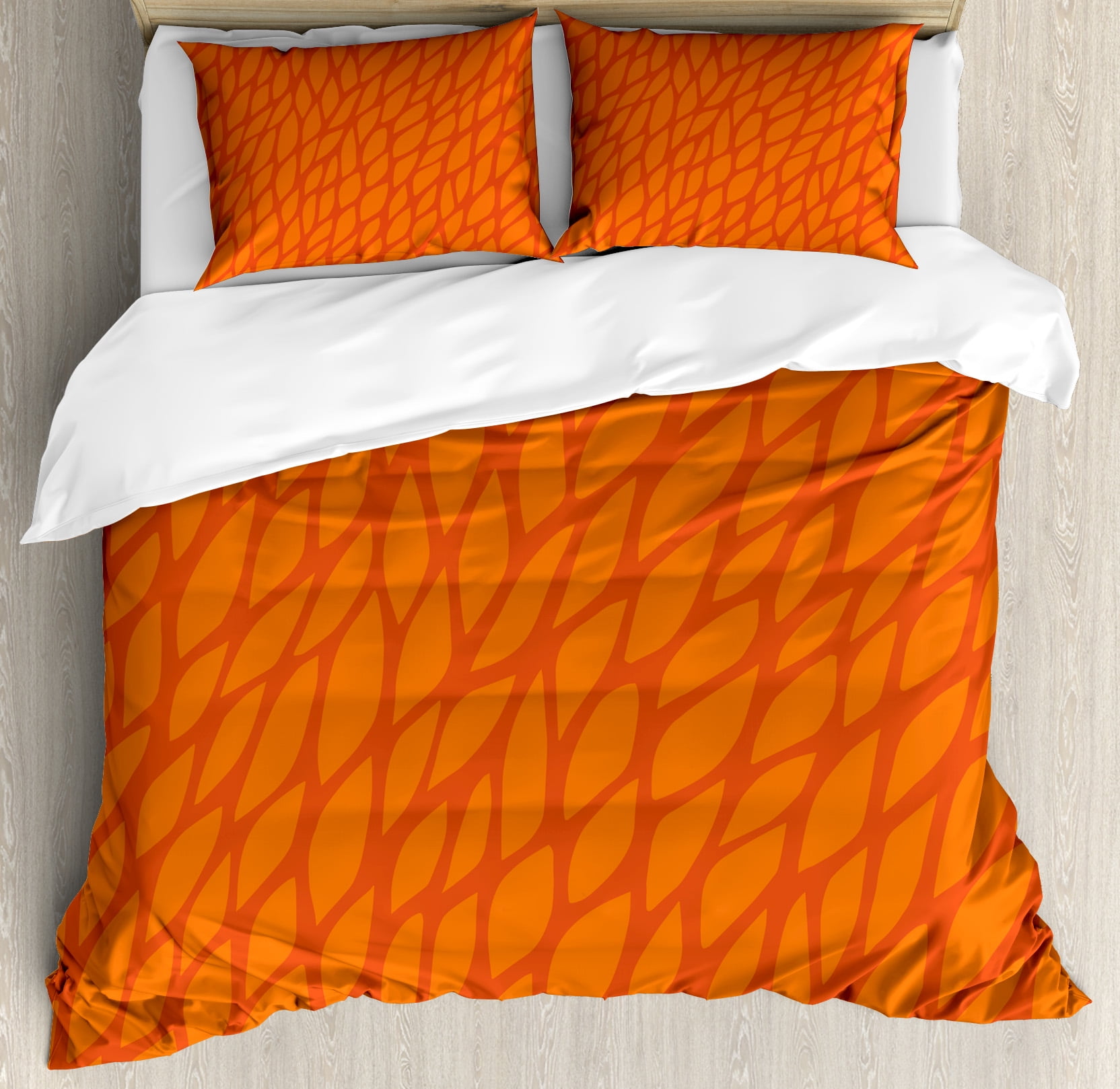 Burnt Orange King Size Duvet Cover Set, Abstract Foliage Leaves Pattern