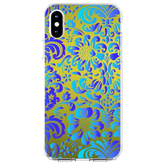 DistinctInk Clear Shockproof Hybrid Case for iPhone XS Max (6.5" Screen) - TPU Bumper, Acrylic Back, Tempered Glass Screen Protector - Green Blue Teal Floral Pattern