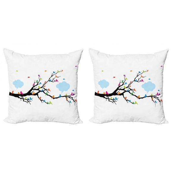 Ambesonne Winter Throw Pillow Cover 2 Pack, Winged Birds on Tree, 16", Multicolor
