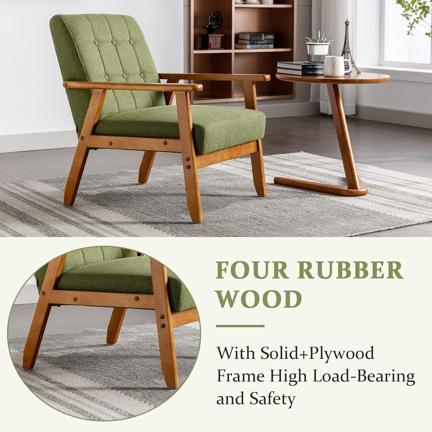 Holaki Mid Century Modern Arm Chair with Wood Frame,Linen Fabric Comfy Reading Chair,Accent Chair for Living Room Bedroom Reading,Easy Assembly,Green Linen