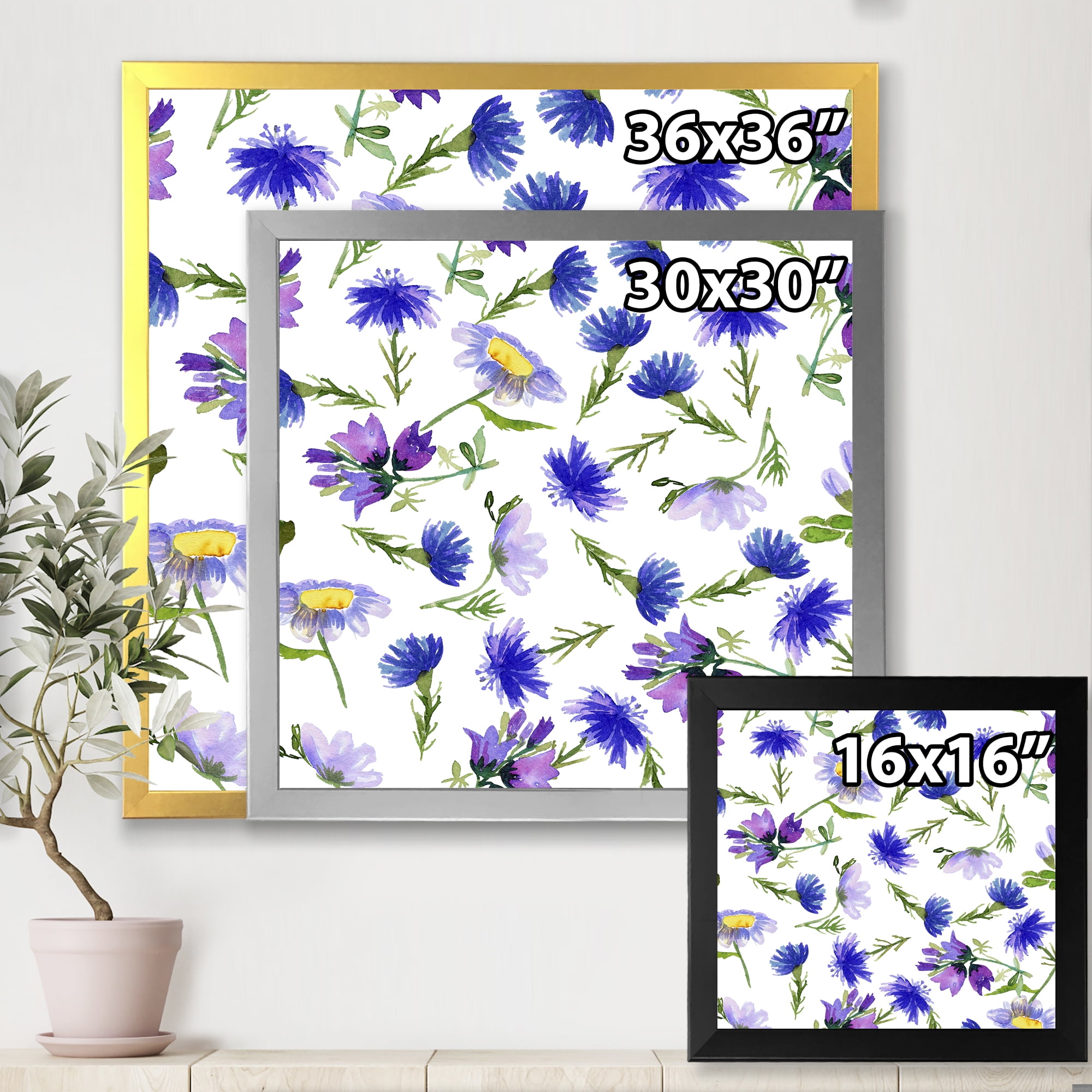 Designart 'Blue Wildflowers With Leaves III' Traditional Framed Art Print